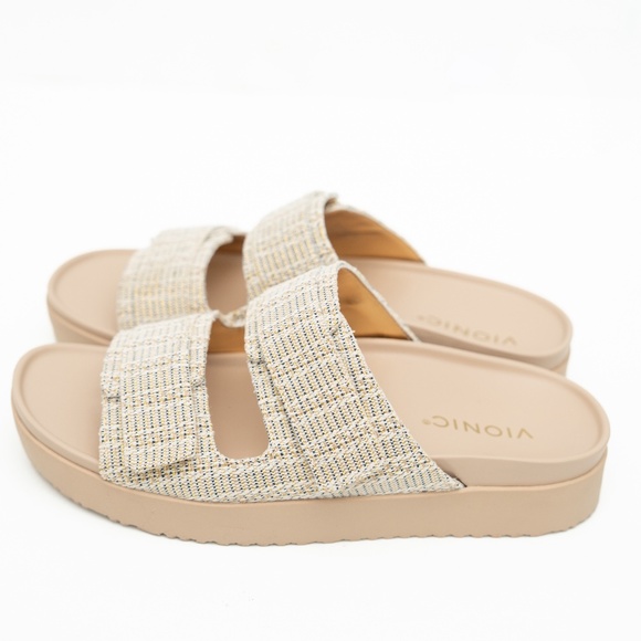 Vionic - Riviera Canvas Cream Gold Slide Sandals Size 10W - Picture 10 of 13